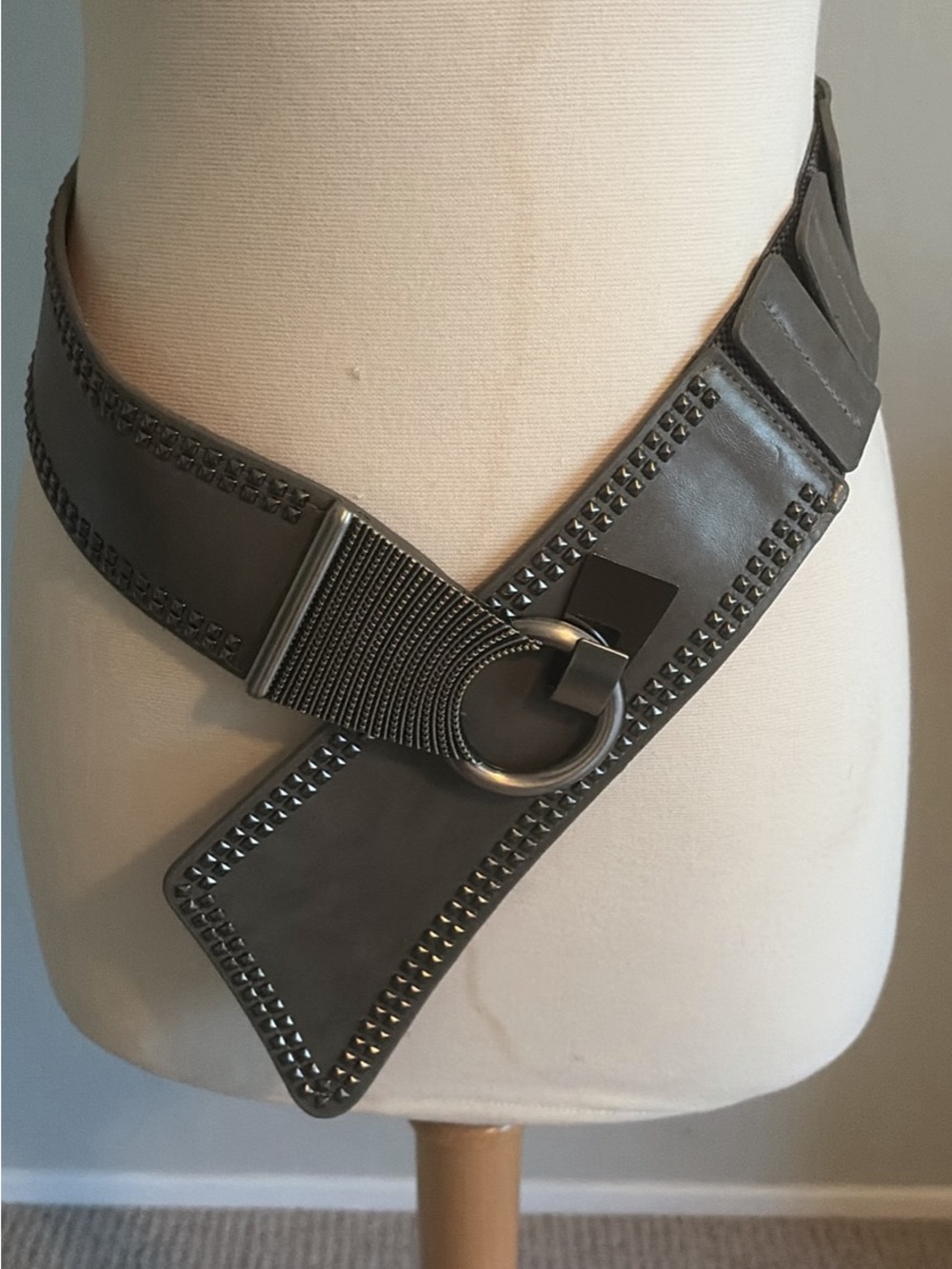 Wide Black Studded Waist Belt with Ring Buckle